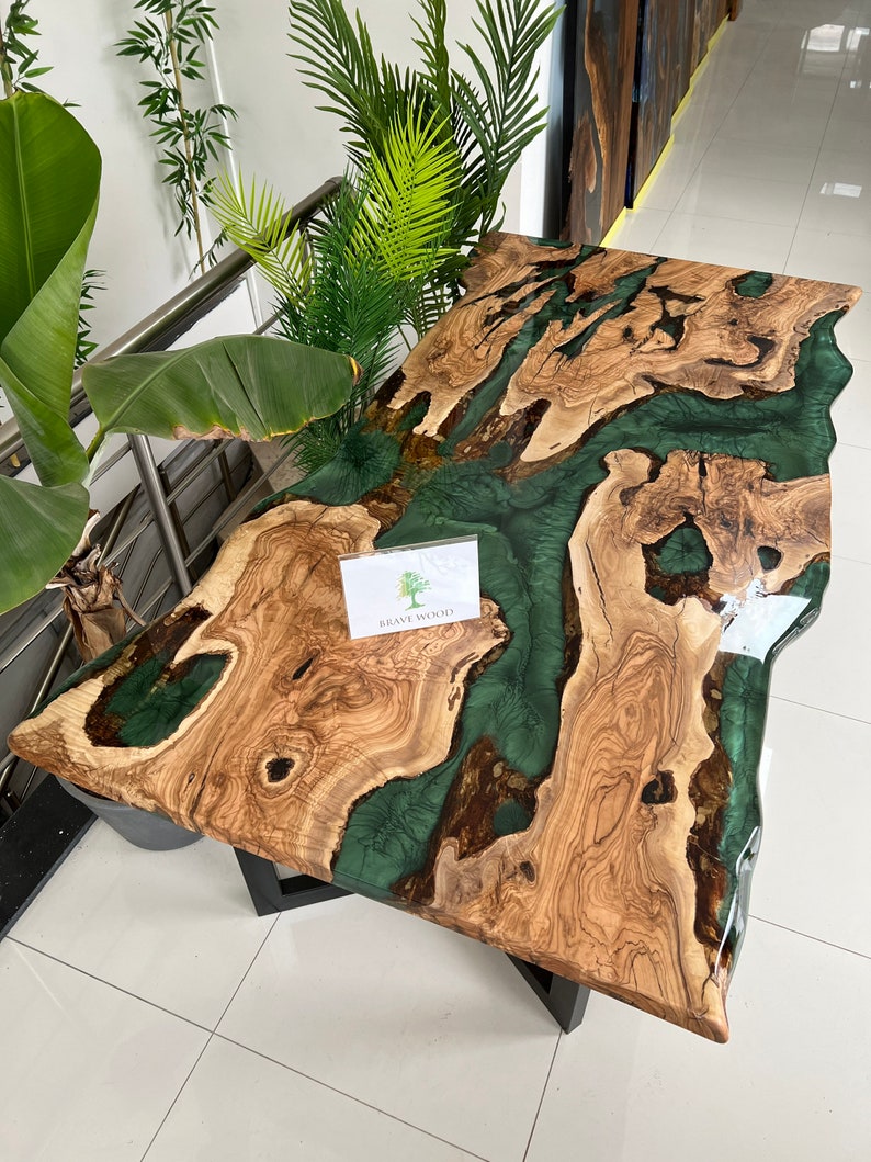 Green epoxy dining table, olive wood epoxy table, Epoxy dining table, Dining room table