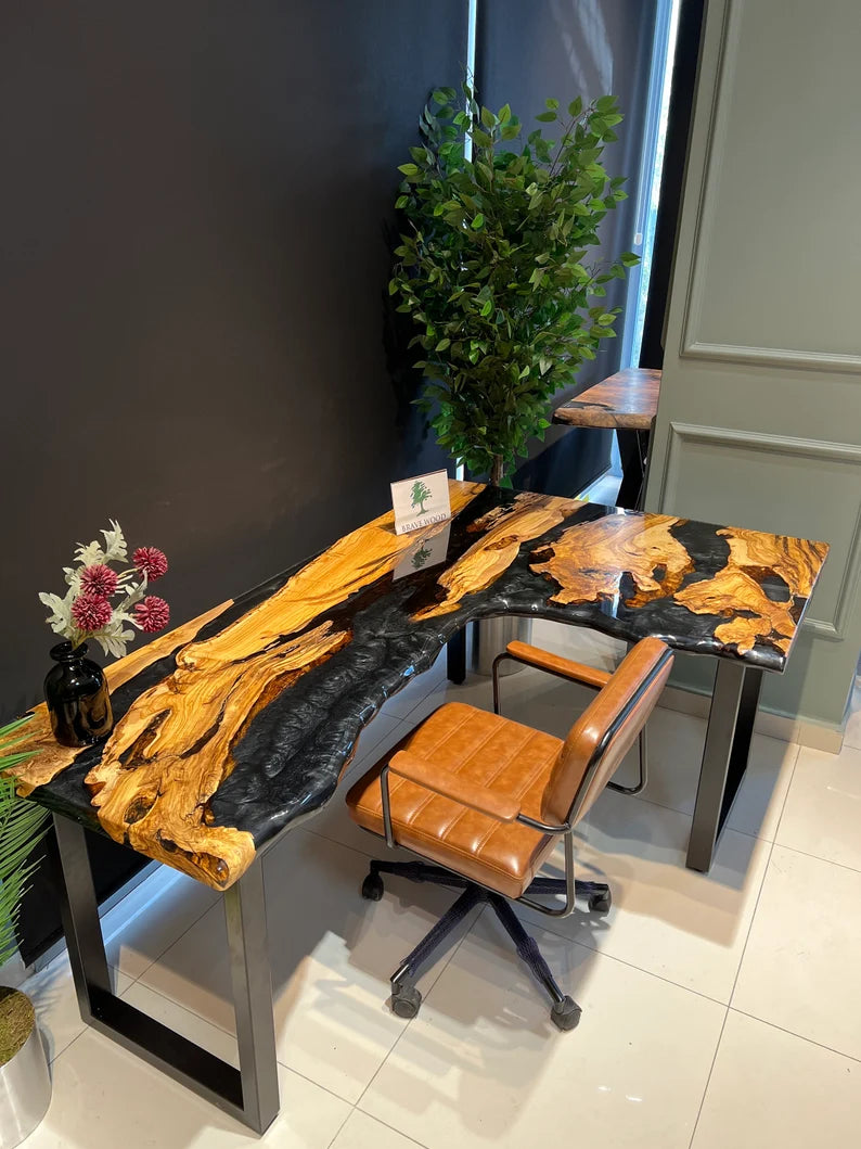 Epoxy work table, Desk, Olive wood epoxy work table, Metallic epoxy desk, Office desk