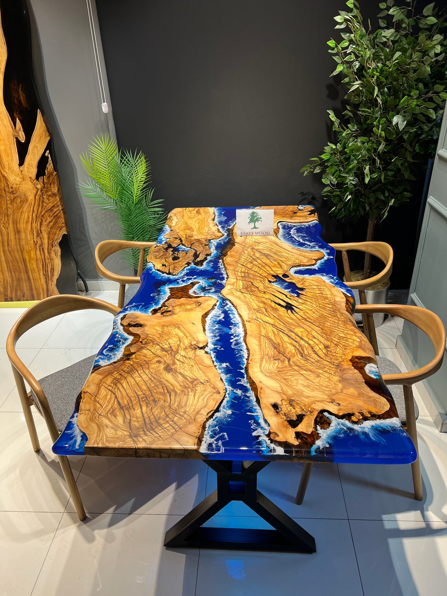 Blue Epoxy with wave effect, Epoxy olive table, Living room table, Custom live edge epoxy resin dining table, Color pigment epoxy, Dining room table