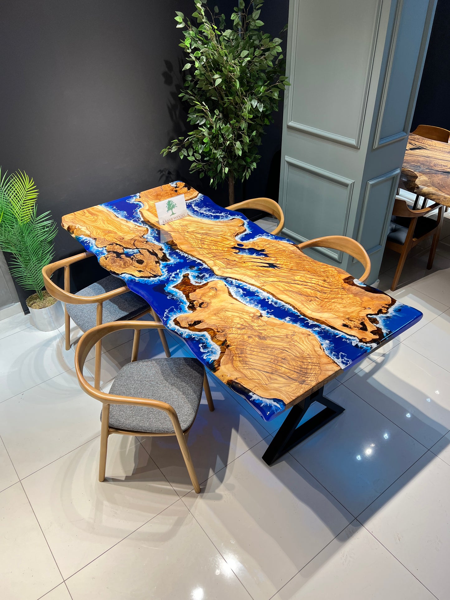 Blue Epoxy with wave effect, Epoxy olive table, Living room table, Custom live edge epoxy resin dining table, Color pigment epoxy, Dining room table