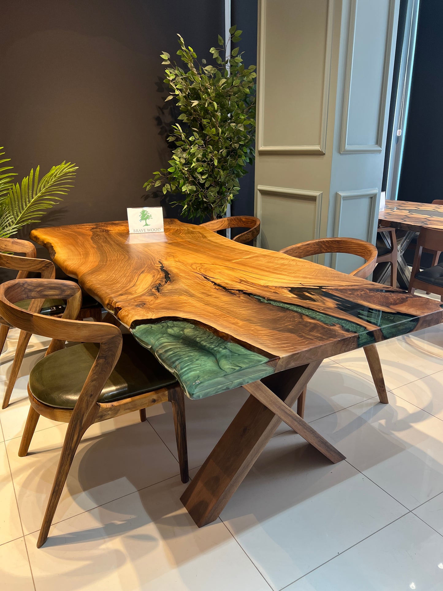 Dining room table, Green epoxy, Walnut wood, Epoxy table