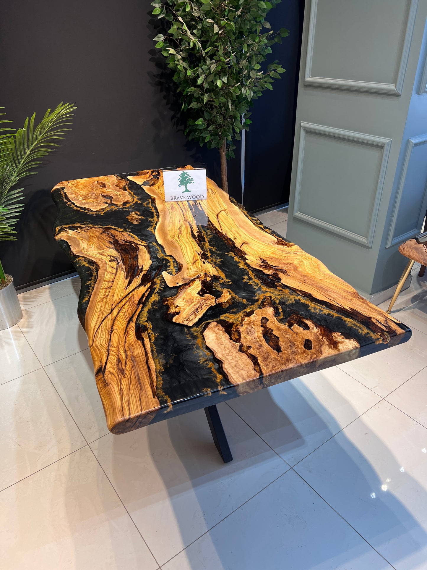 Epoxy black epoxy olive table, Living room table, Custom live edge epoxy resin dining table, Color pigment epoxy, Dining room table