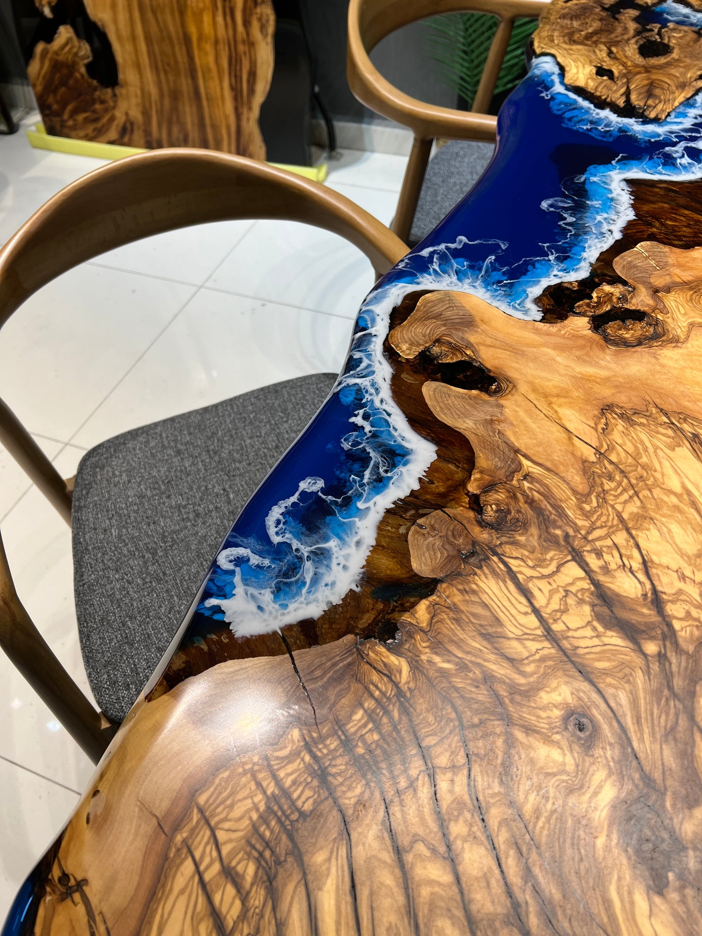 Blue Epoxy with wave effect, Epoxy olive table, Living room table, Custom live edge epoxy resin dining table, Color pigment epoxy, Dining room table