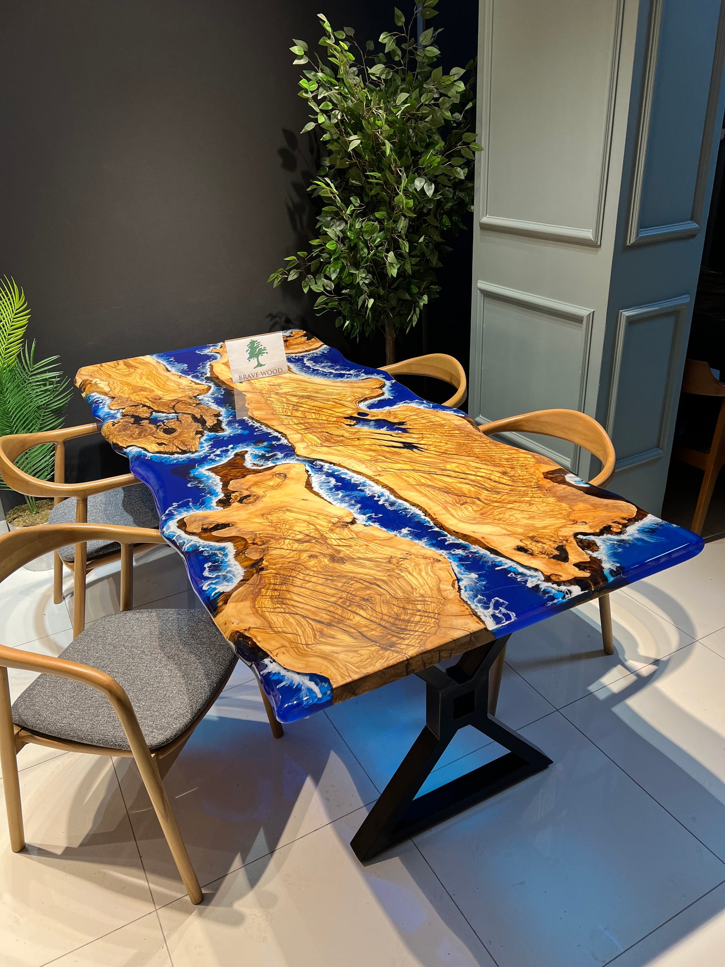 Blue Epoxy with wave effect, Epoxy olive table, Living room table, Custom live edge epoxy resin dining table, Color pigment epoxy, Dining room table