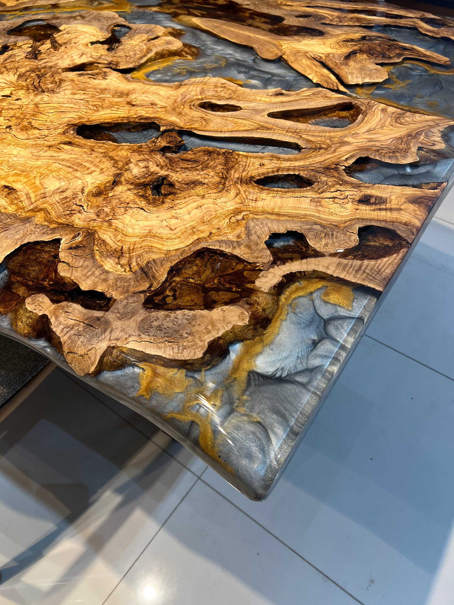 Epoxy olive table, Custom live edge epoxy resin dining table, Dining room table