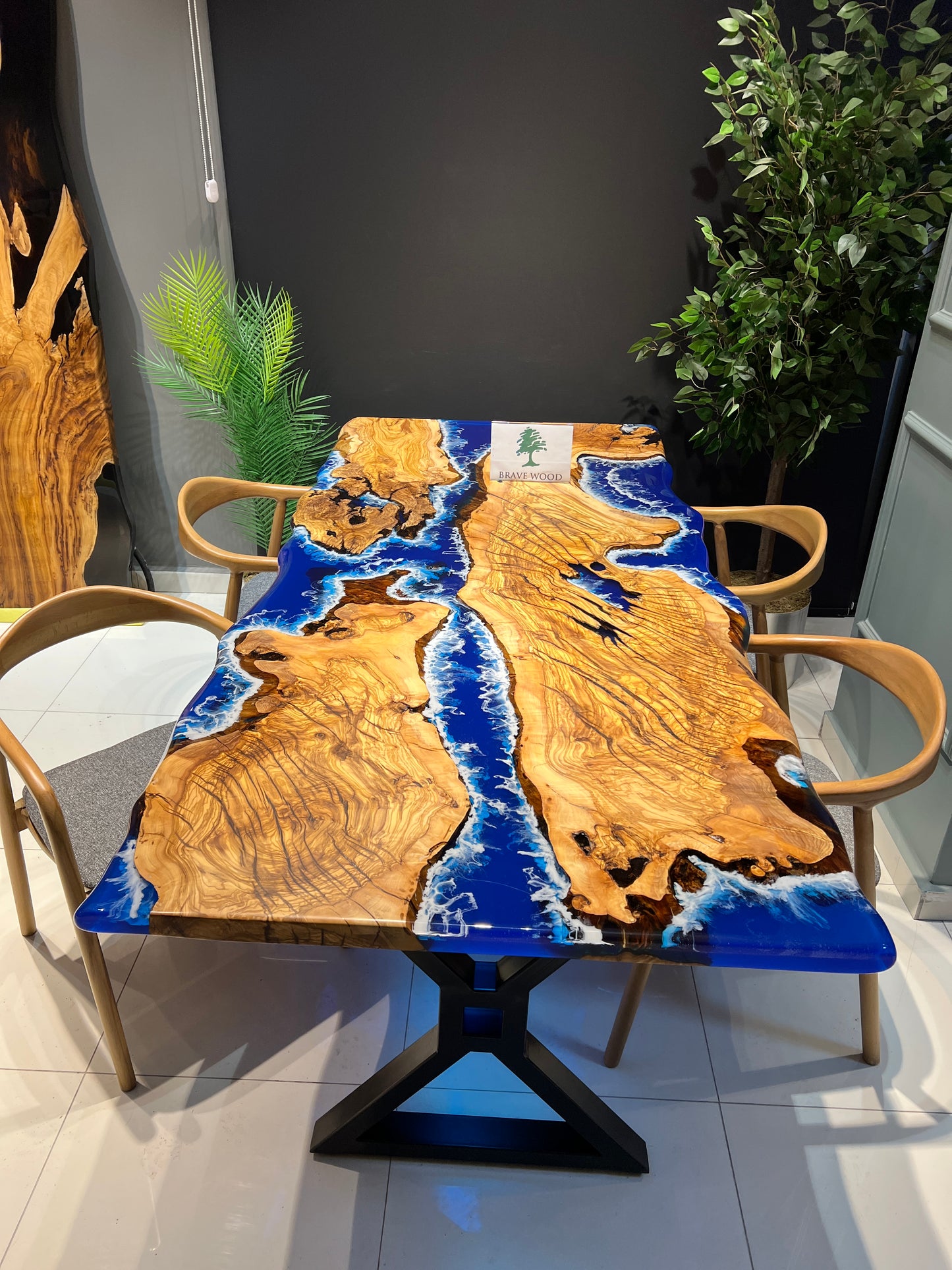 Blue Epoxy with wave effect, Epoxy olive table, Living room table, Custom live edge epoxy resin dining table, Color pigment epoxy, Dining room table