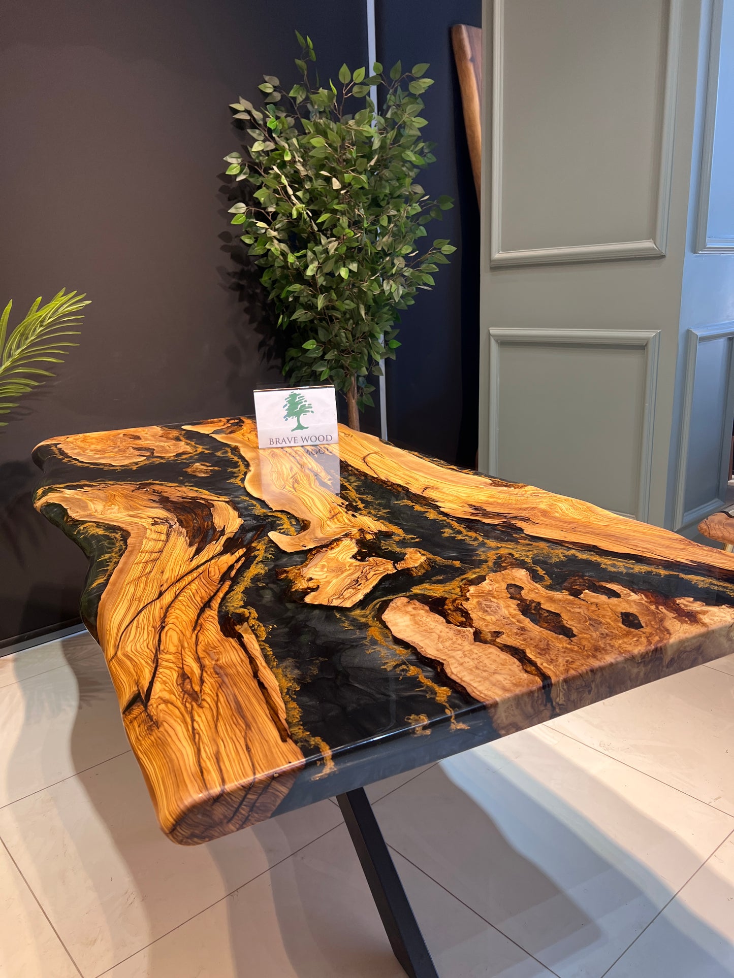 Epoxy black epoxy olive table, Living room table, Custom live edge epoxy resin dining table, Color pigment epoxy, Dining room table