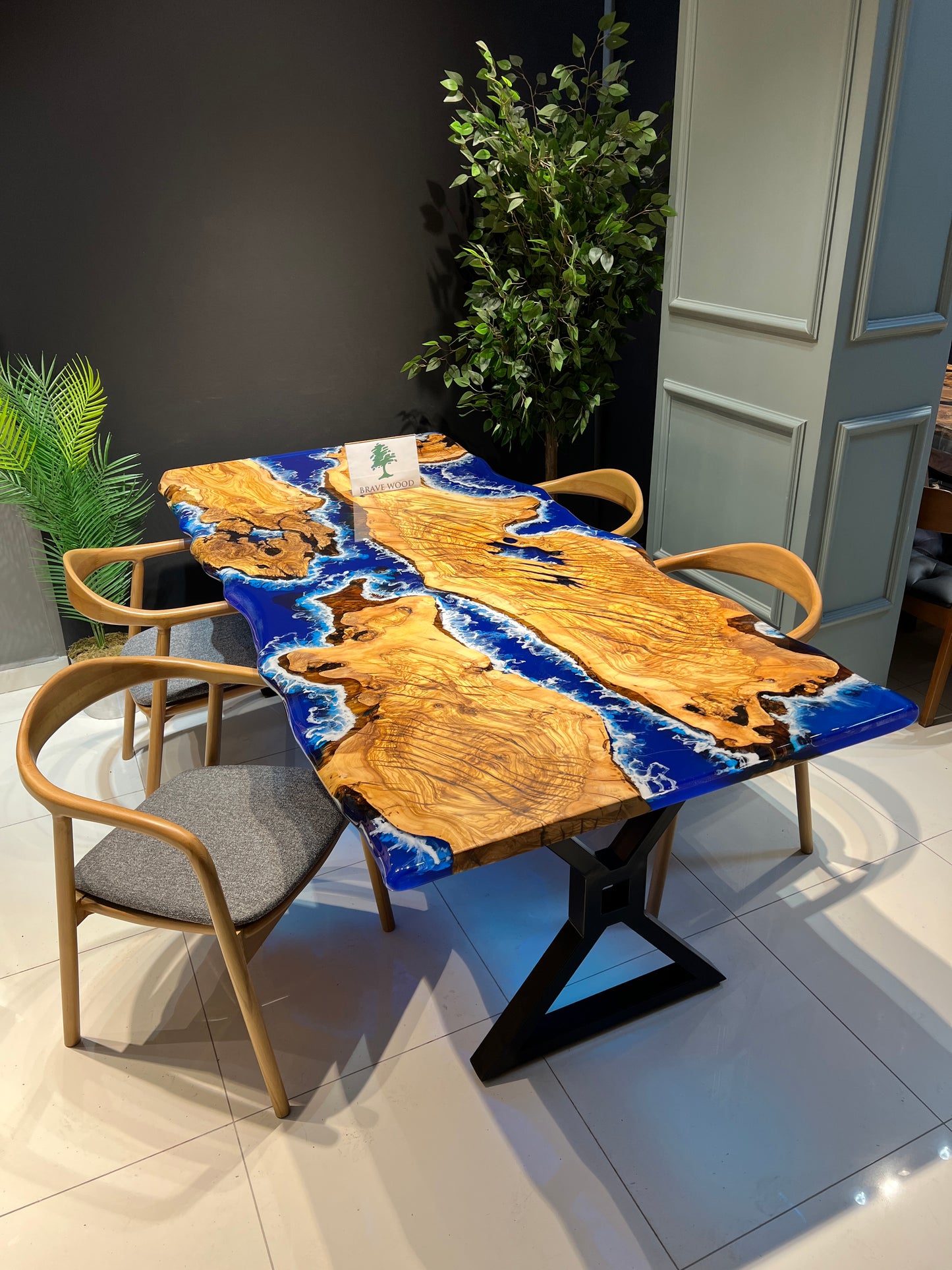 Blue Epoxy with wave effect, Epoxy olive table, Living room table, Custom live edge epoxy resin dining table, Color pigment epoxy, Dining room table