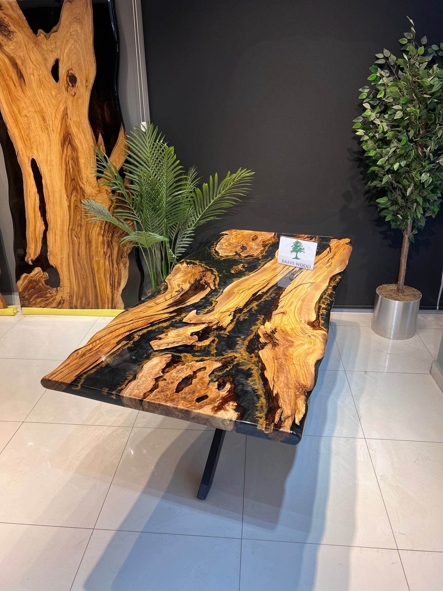 Epoxy black epoxy olive table, Living room table, Custom live edge epoxy resin dining table, Color pigment epoxy, Dining room table