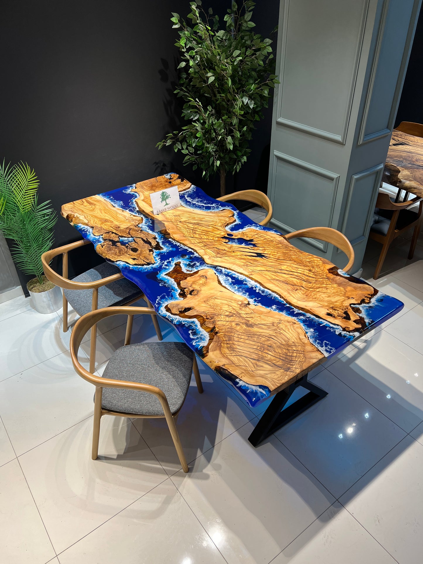 Blue Epoxy with wave effect, Epoxy olive table, Living room table, Custom live edge epoxy resin dining table, Color pigment epoxy, Dining room table