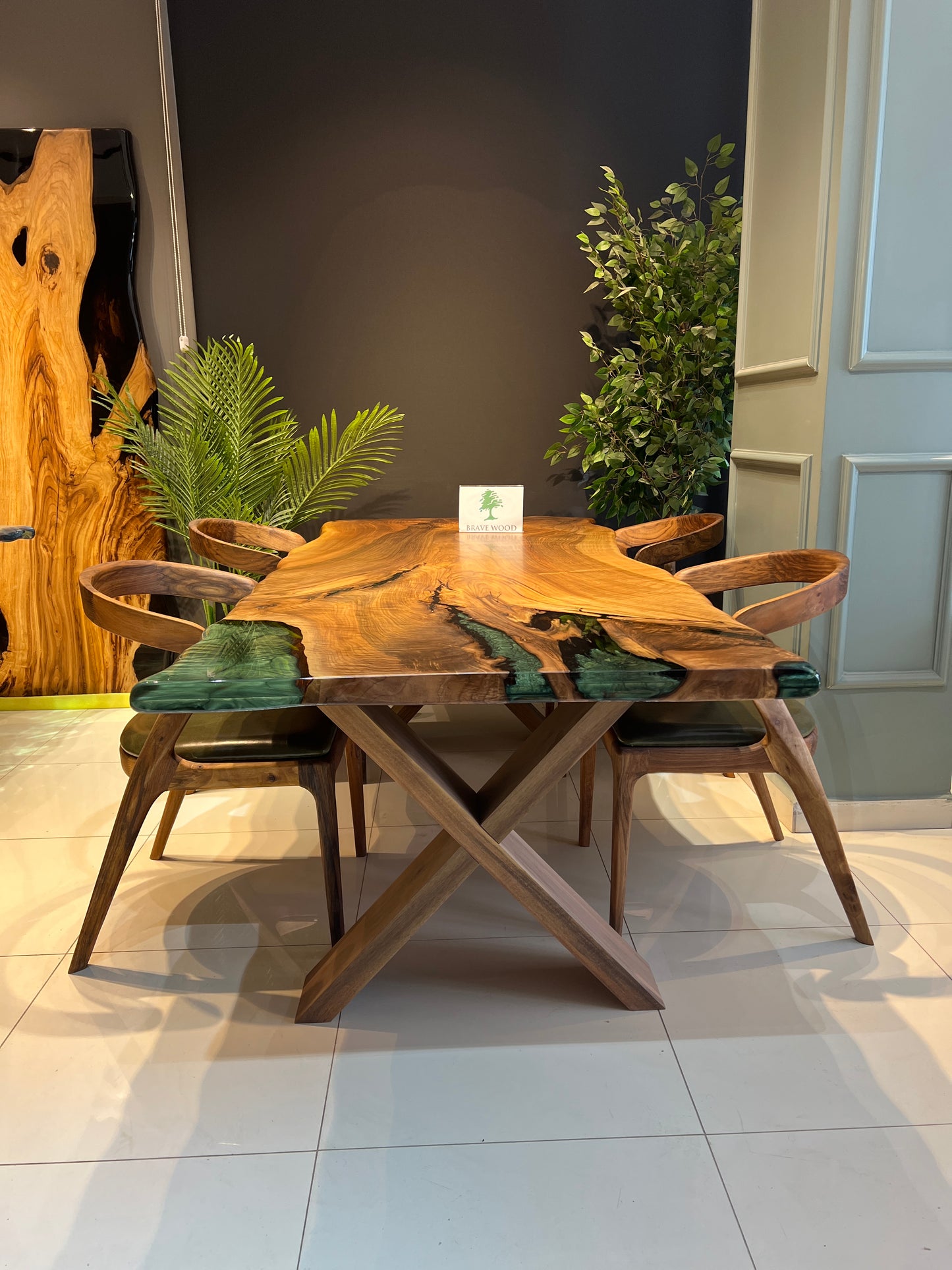 Dining room table, Green epoxy, Walnut wood, Epoxy table