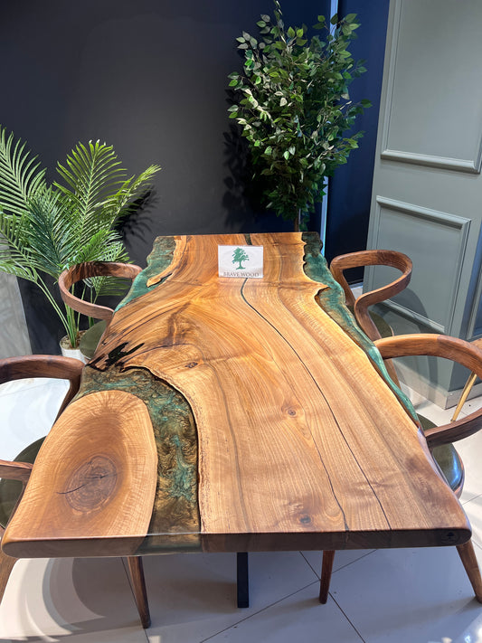 Dining room table, Kitchen table, Green epoxy, Walnut wood, Epoxy table, Custom live edge epoxy resin dining table, Natural edge table