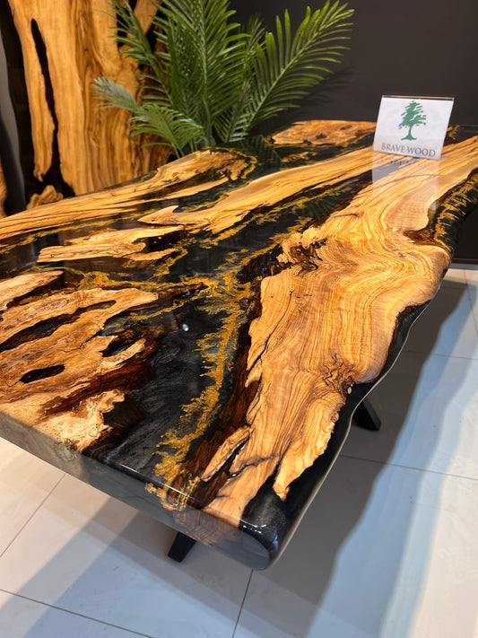 Epoxy black epoxy olive table, Living room table, Custom live edge epoxy resin dining table, Color pigment epoxy, Dining room table