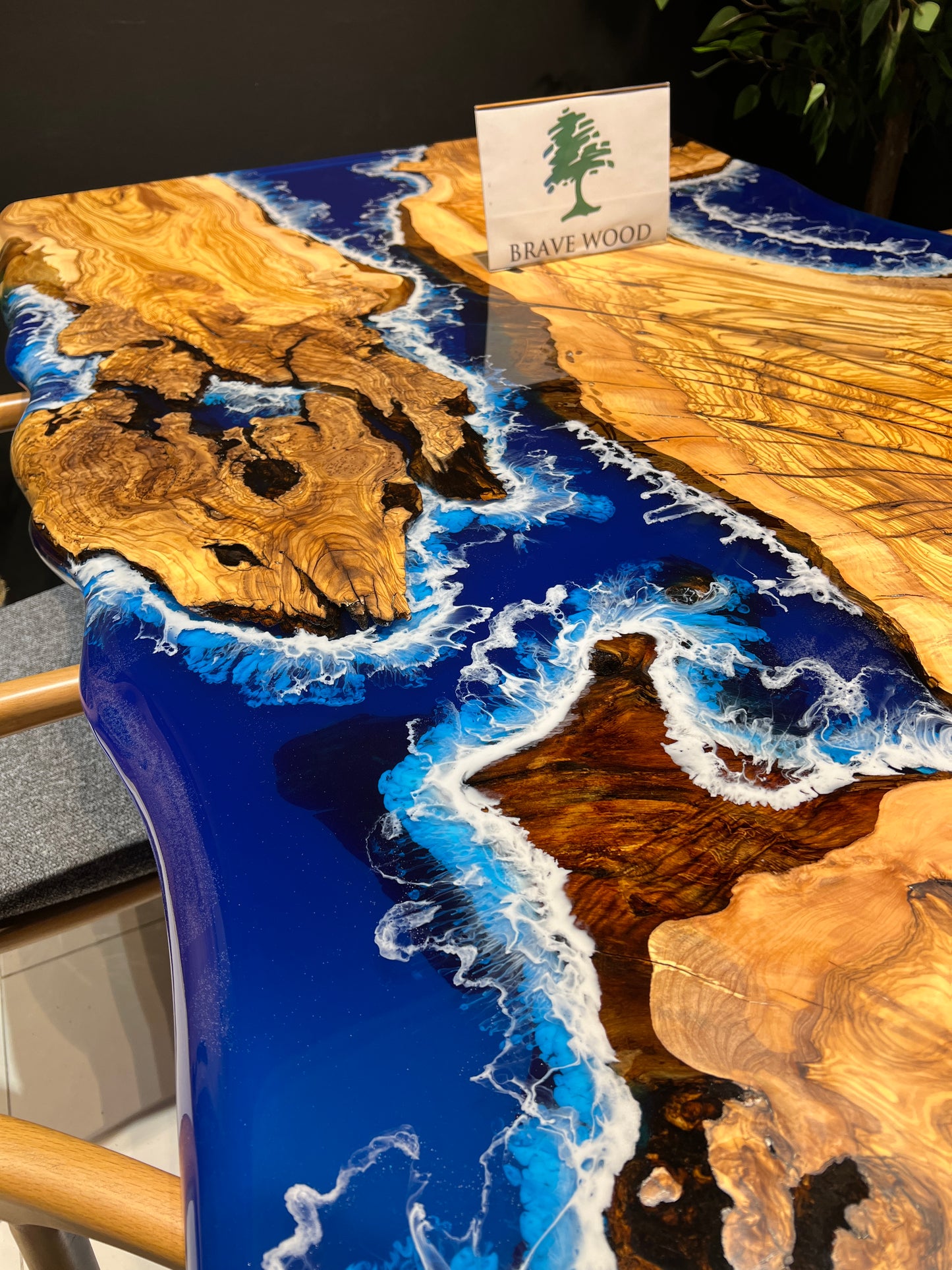 Blue Epoxy with wave effect, Epoxy olive table, Living room table, Custom live edge epoxy resin dining table, Color pigment epoxy, Dining room table