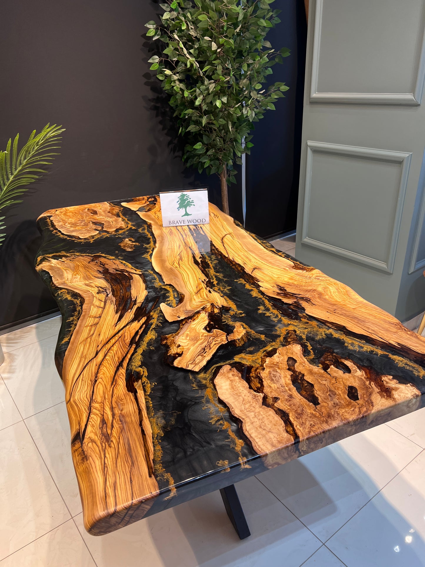 Epoxy black epoxy olive table, Living room table, Custom live edge epoxy resin dining table, Color pigment epoxy, Dining room table