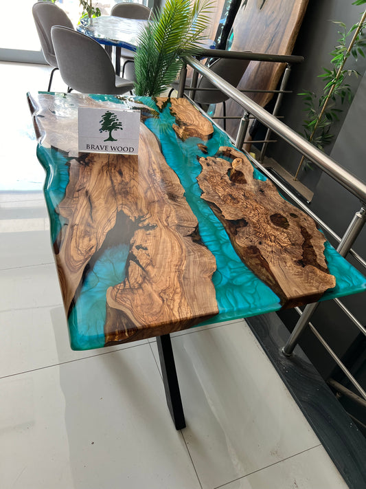 Turquoise epoxy, Epoxy olive table, Living room table, Custom live edge epoxy resin dining table, Color pigment epoxy, Dining room table