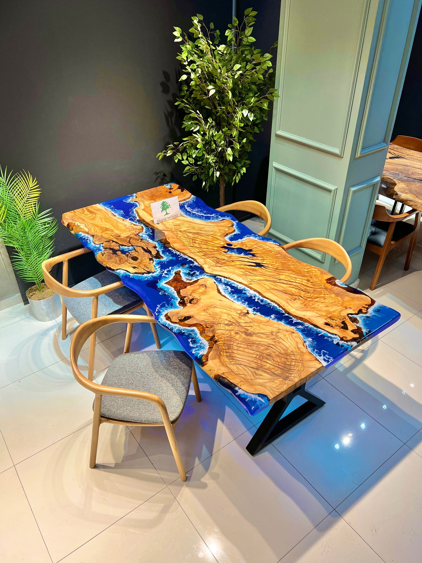 Blue Epoxy with wave effect, Epoxy olive table, Living room table, Custom live edge epoxy resin dining table, Color pigment epoxy, Dining room table