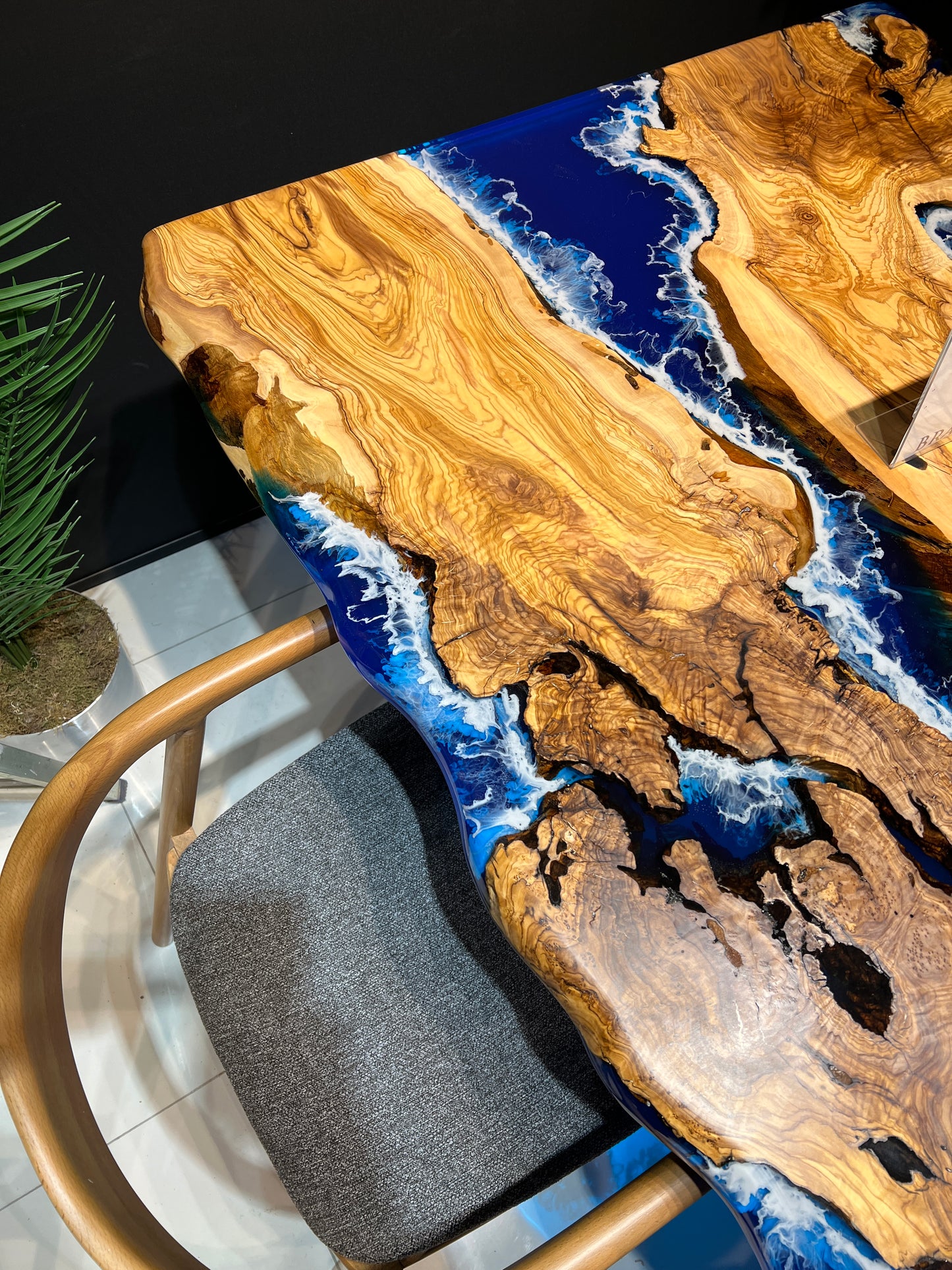 Blue Epoxy with wave effect, Epoxy olive table, Living room table, Custom live edge epoxy resin dining table, Color pigment epoxy, Dining room table