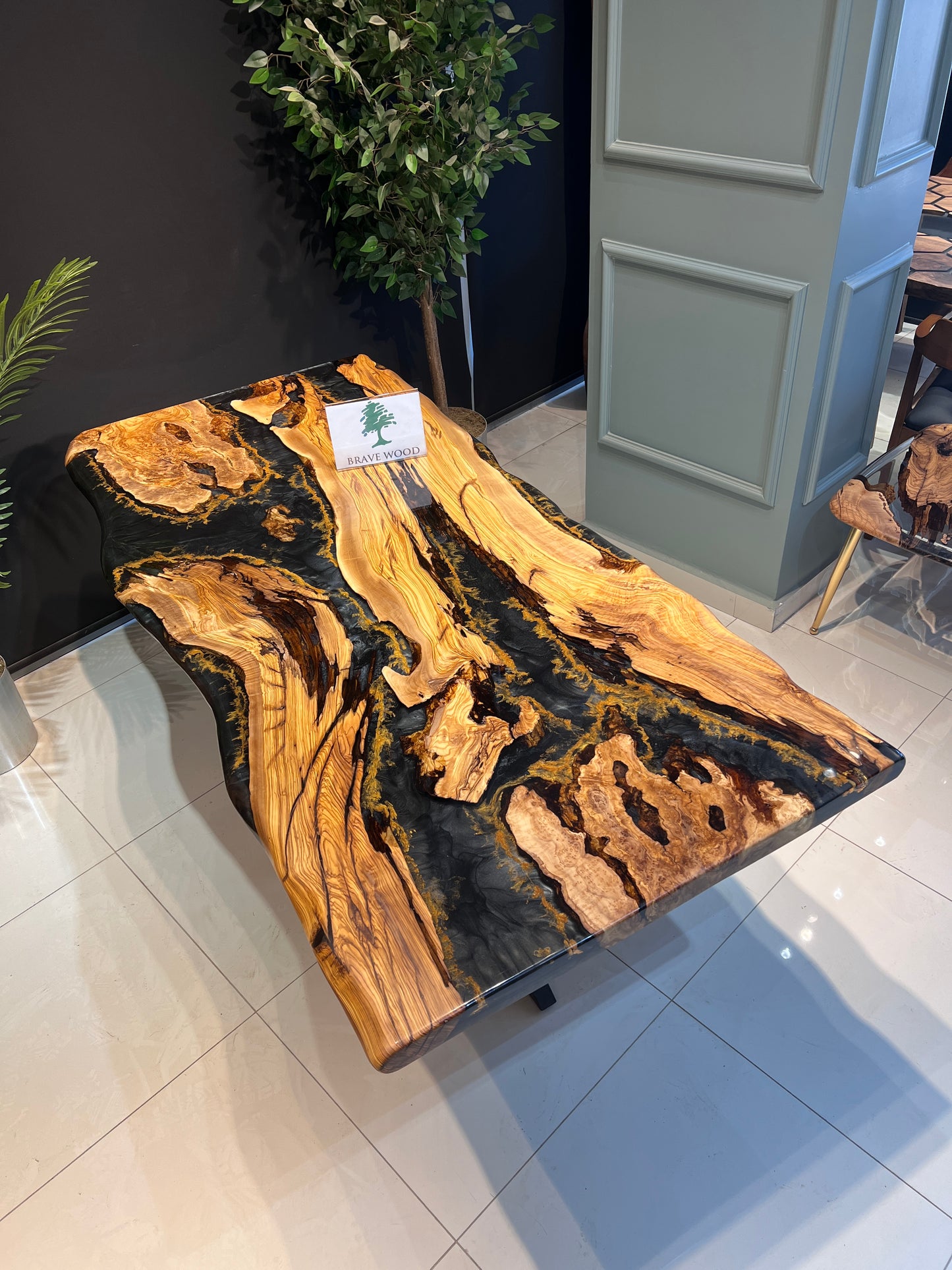 Epoxy black epoxy olive table, Living room table, Custom live edge epoxy resin dining table, Color pigment epoxy, Dining room table