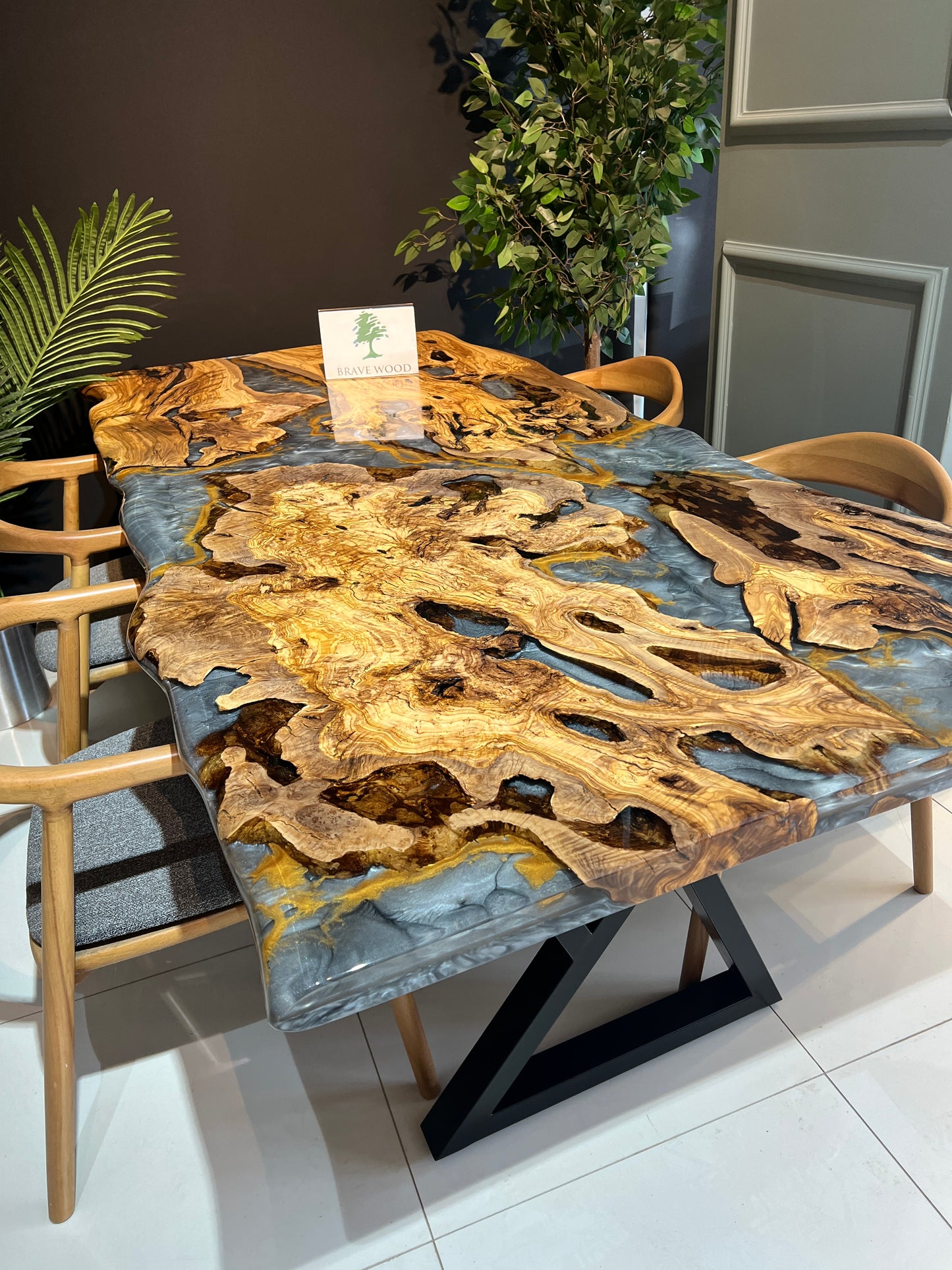 Epoxy olive table, Custom live edge epoxy resin dining table, Dining room table