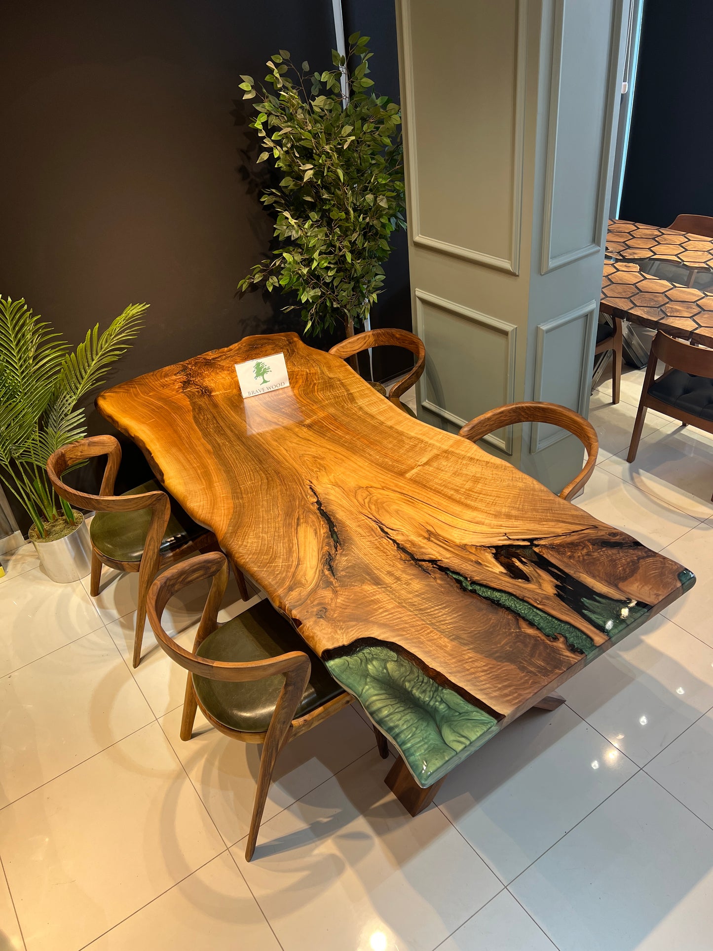 Dining room table, Green epoxy, Walnut wood, Epoxy table