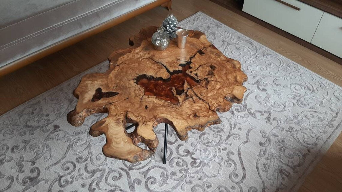 Olive Wood Table, Olive Round Coffee&End Table, Coffee Table with Epoxy Resin