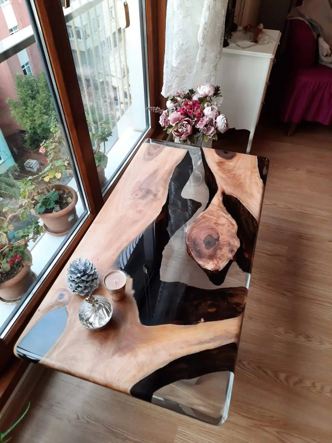 Epoxy Coffee Table with Clear Resin Rivet, Walnut Epoxy Table, Center Table