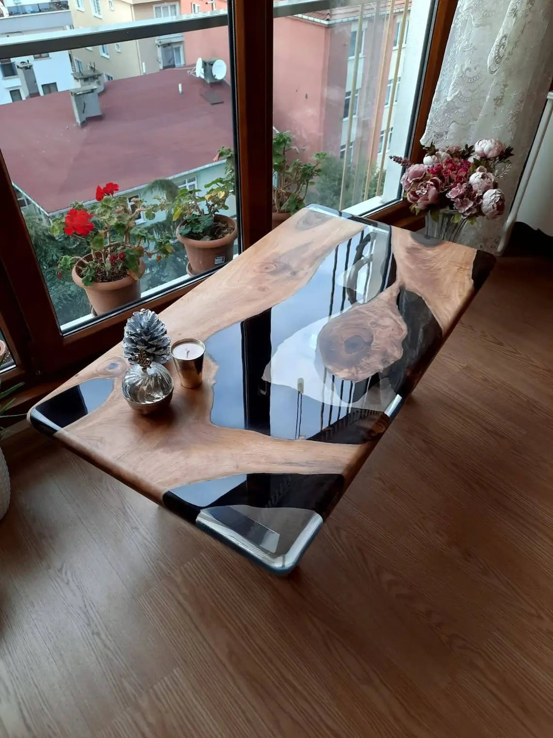 Epoxy Coffee Table with Clear Resin Rivet, Walnut Epoxy Table, Center Table