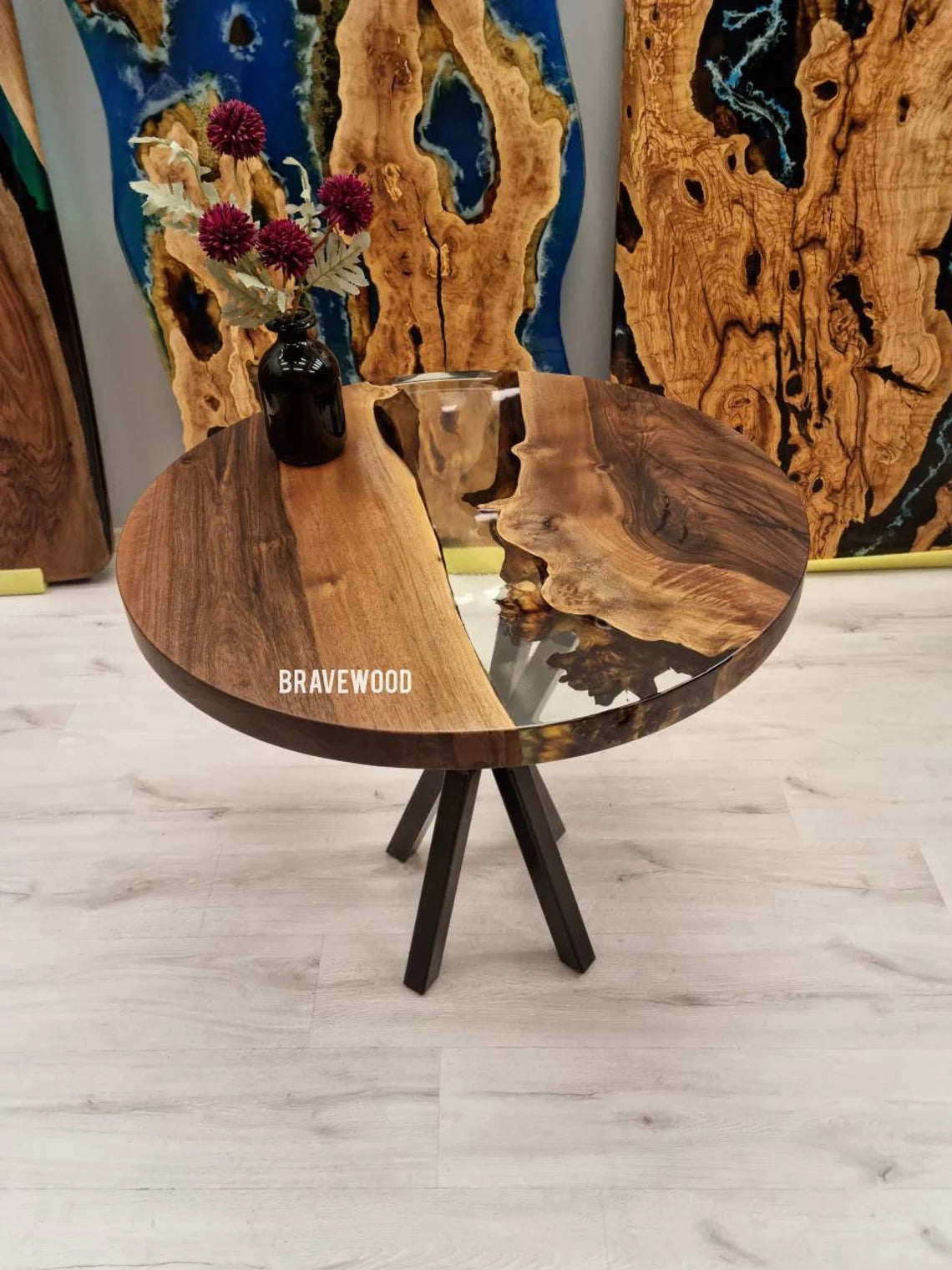 Epoxy Round Table, Clear Epoxy Resin Table, Walnut Table, Round Coffee Table