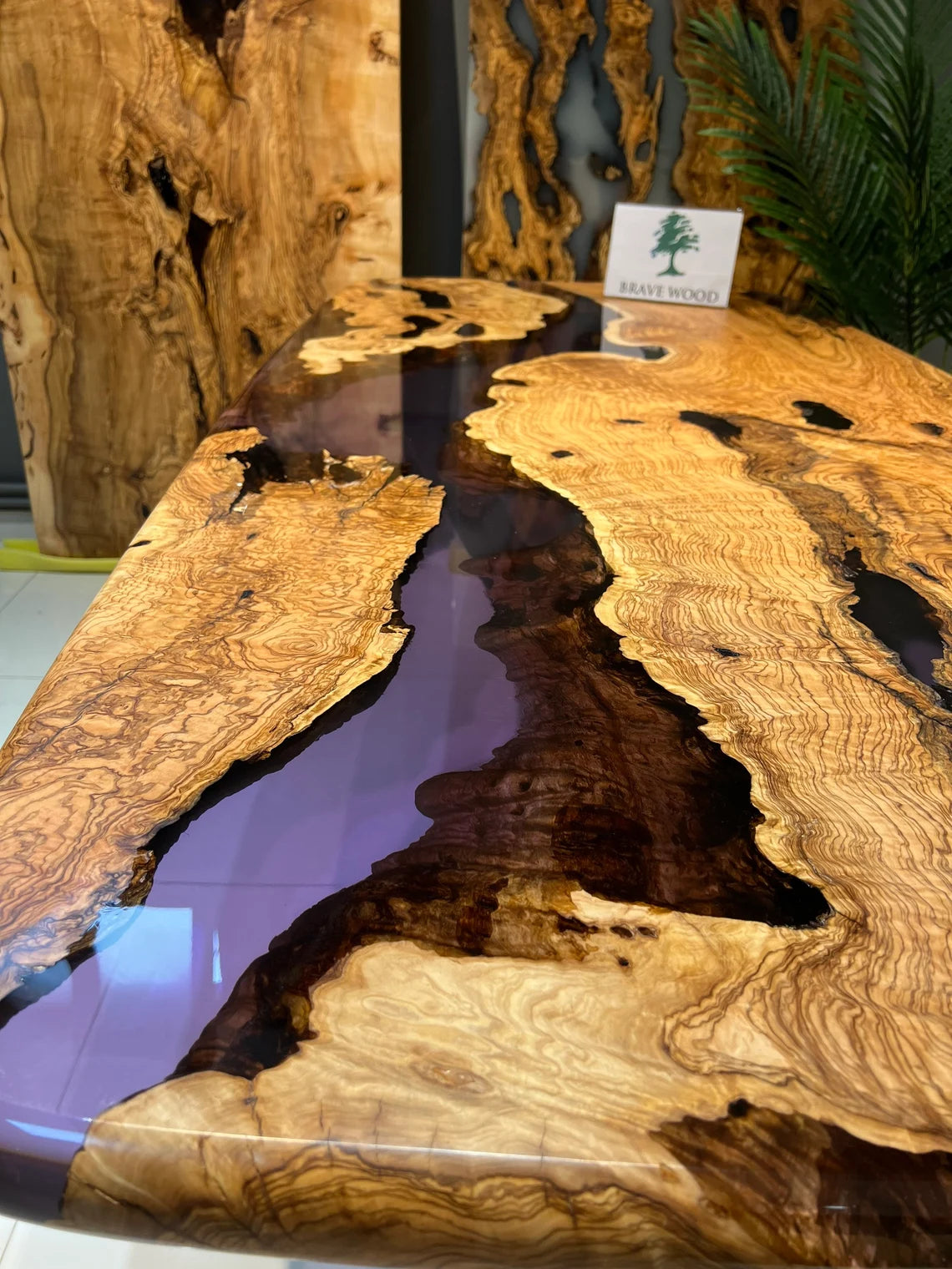 Epoxy dining table, Kitchen dining table, Olive wood epoxy table, Purple epoxy table, Dining room, Meeting table, Custom edged dining table