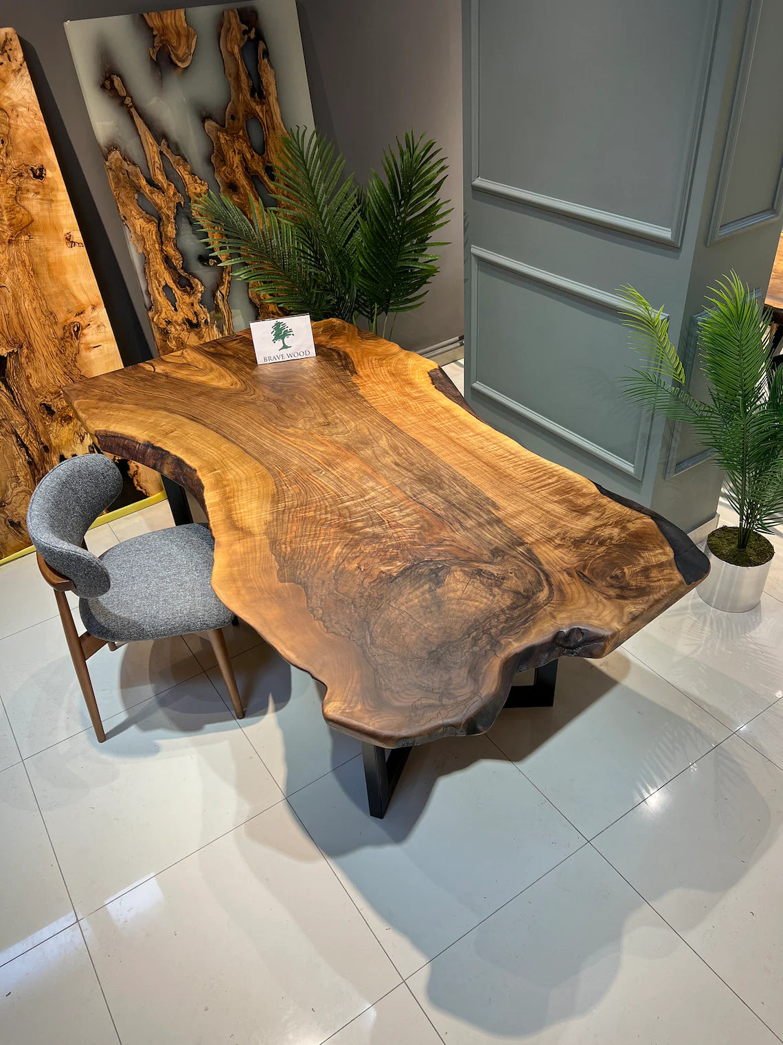 Log table, Walnut wood dining table, One piece walnut wood centennial, Dinner table, İn stock, Dining room table, Custom dining table