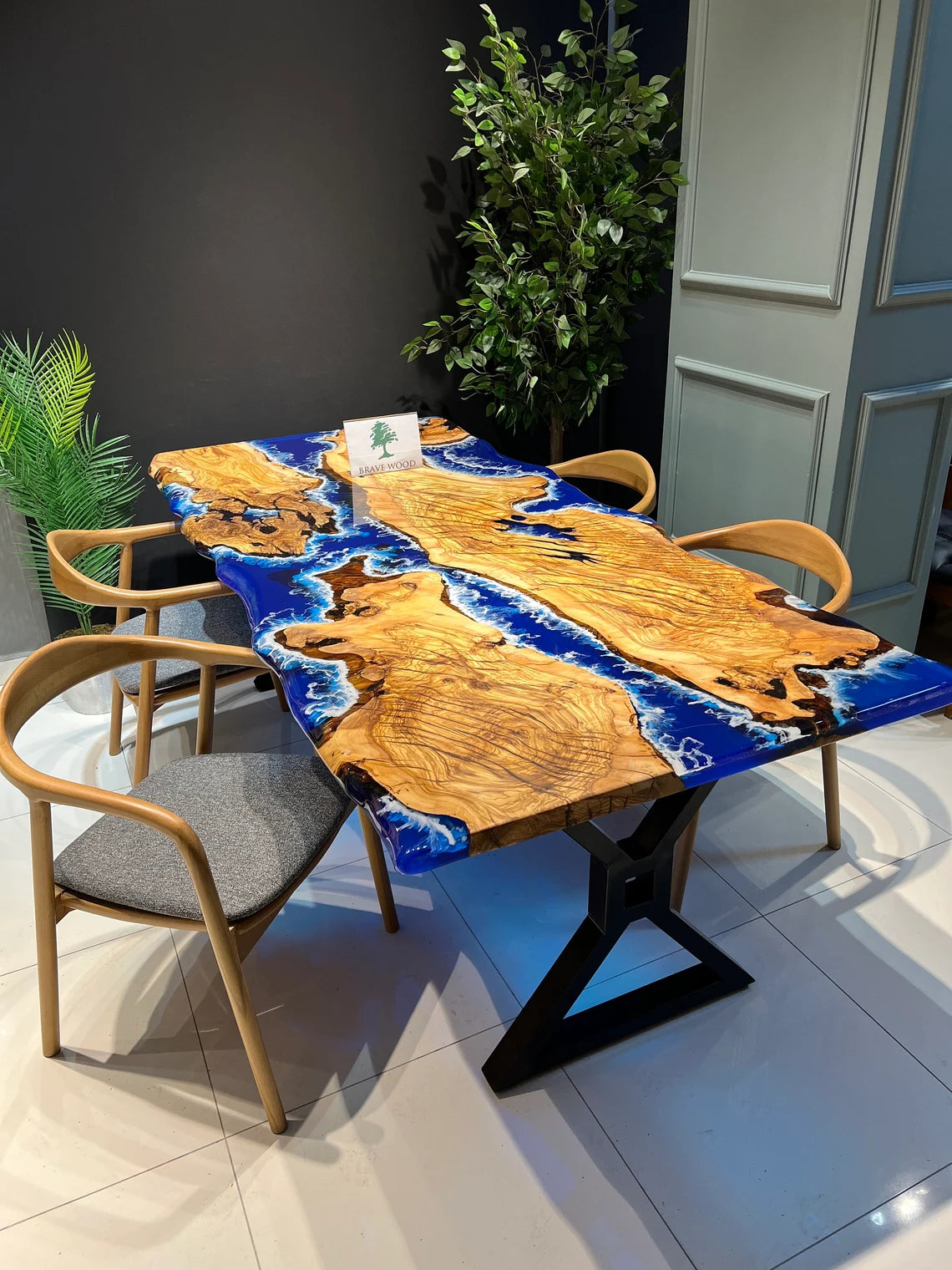 Blue epoxy with wave effect, Conference table, Epoxy olive table, Custom live edge epoxy resin dining table, Dining room table