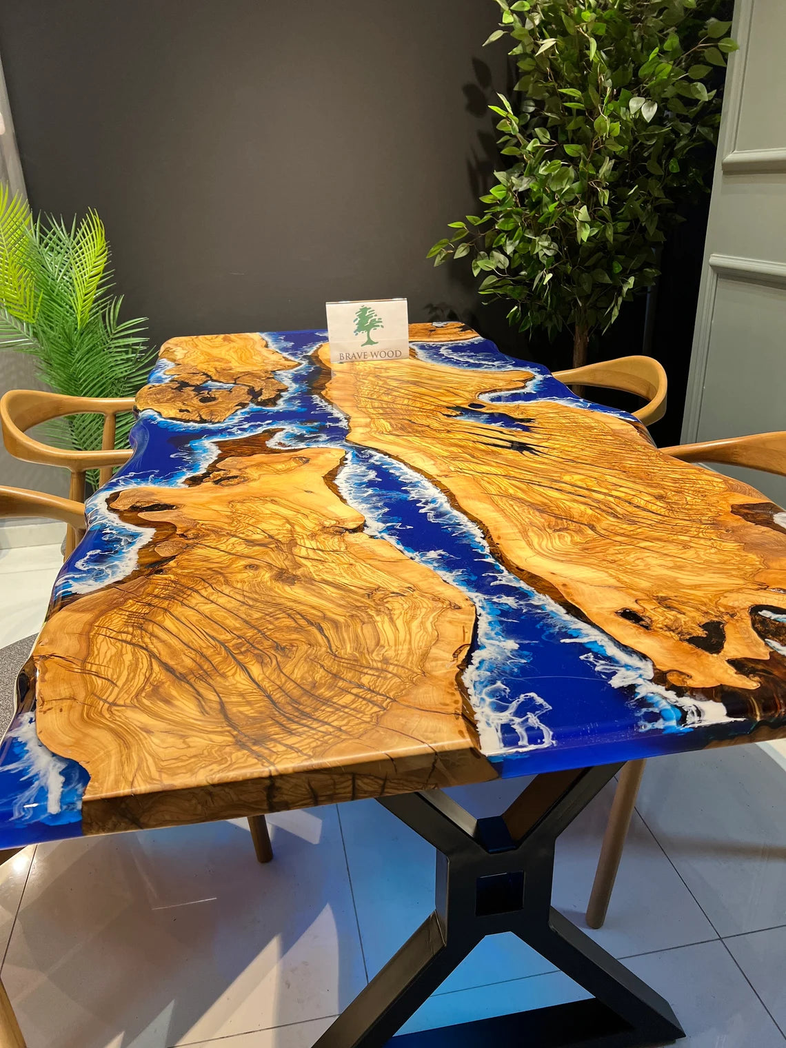 Blue epoxy with wave effect, Conference table, Epoxy olive table, Custom live edge epoxy resin dining table, Dining room table