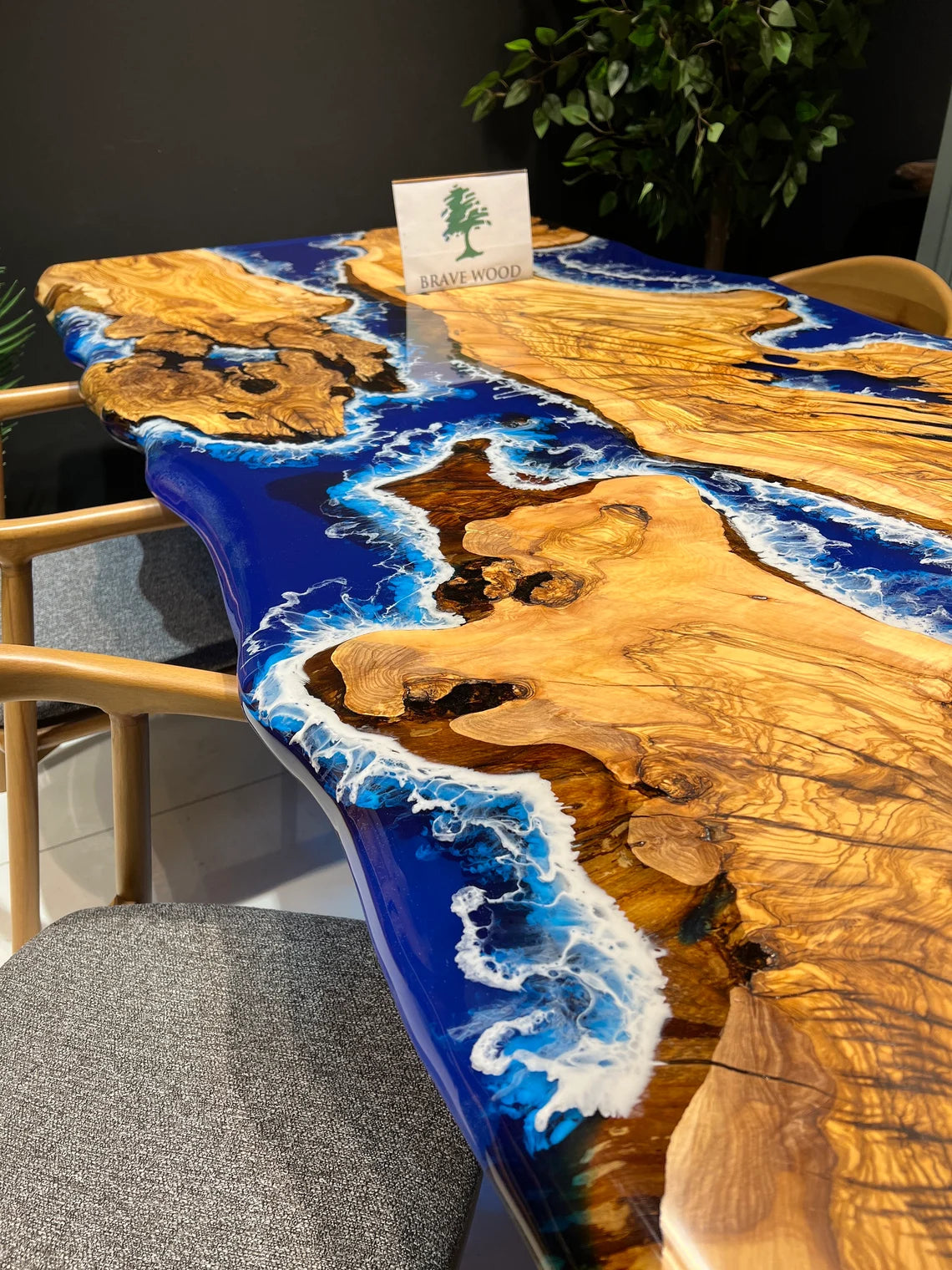 Blue epoxy with wave effect, Conference table, Epoxy olive table, Custom live edge epoxy resin dining table, Dining room table