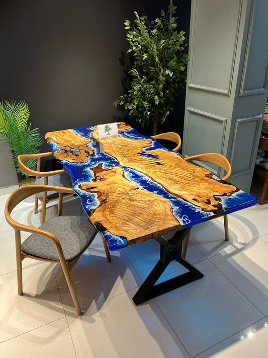 Blue epoxy with wave effect, Conference table, Epoxy olive table, Custom live edge epoxy resin dining table, Dining room table