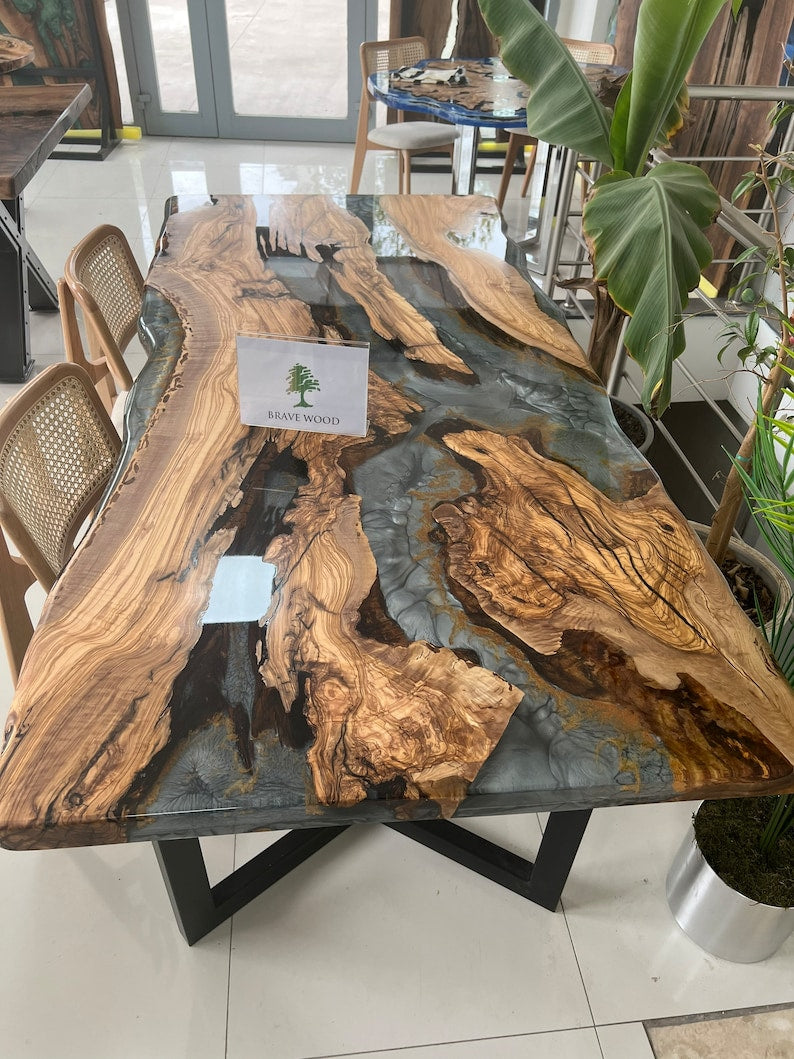 Epoxy olive table, Living room table, Custom live edge epoxy resin dining table, Color pigment epoxy, Dining room table