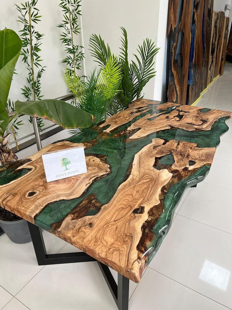 Green epoxy dining table, olive wood epoxy table, Epoxy dining table, Dining room table