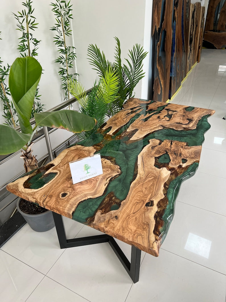 Green epoxy dining table, olive wood epoxy table, Epoxy dining table, Dining room table