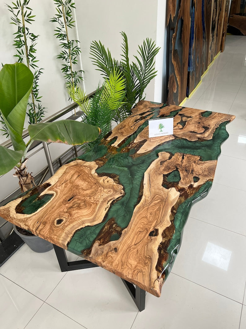 Green epoxy dining table, olive wood epoxy table, Epoxy dining table, Dining room table