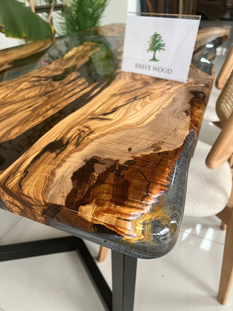 Epoxy olive table, Living room table, Custom live edge epoxy resin dining table, Color pigment epoxy, Dining room table