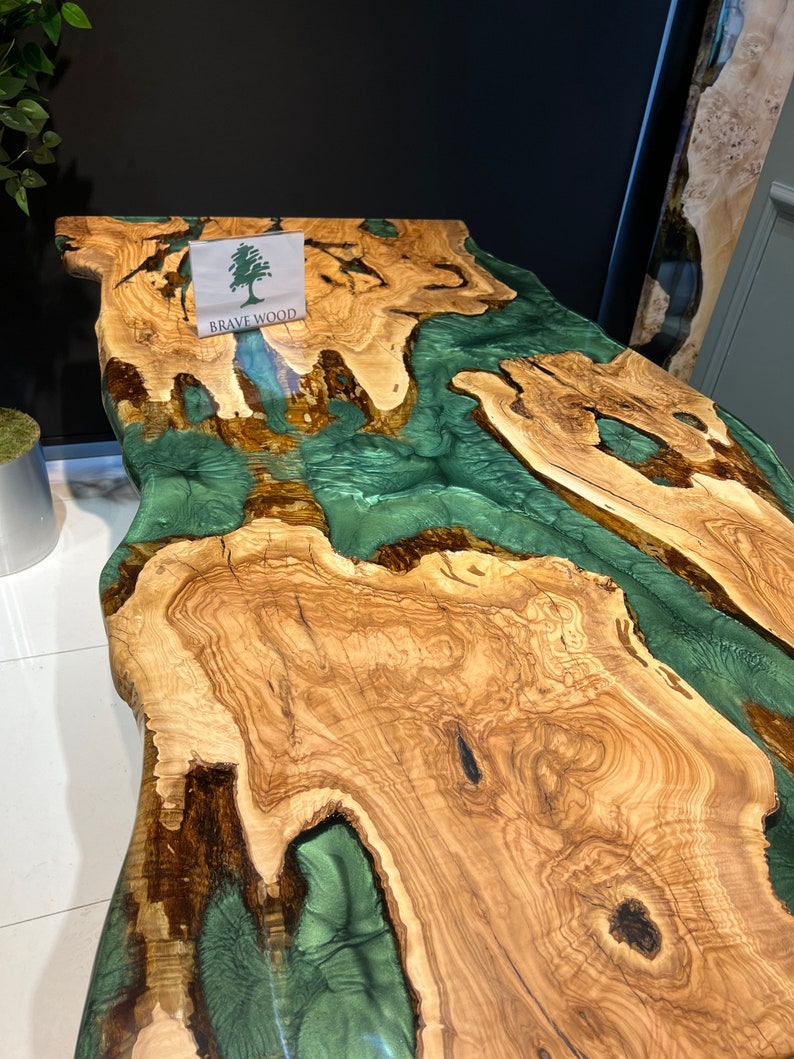 Green epoxy dining table, olive wood epoxy table, Epoxy dining table, Dining room table