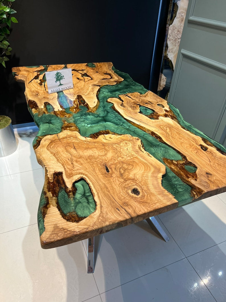 Epoxy olive table, Living room table, Custom live edge epoxy resin dining table, Color pigment epoxy, Dining room table