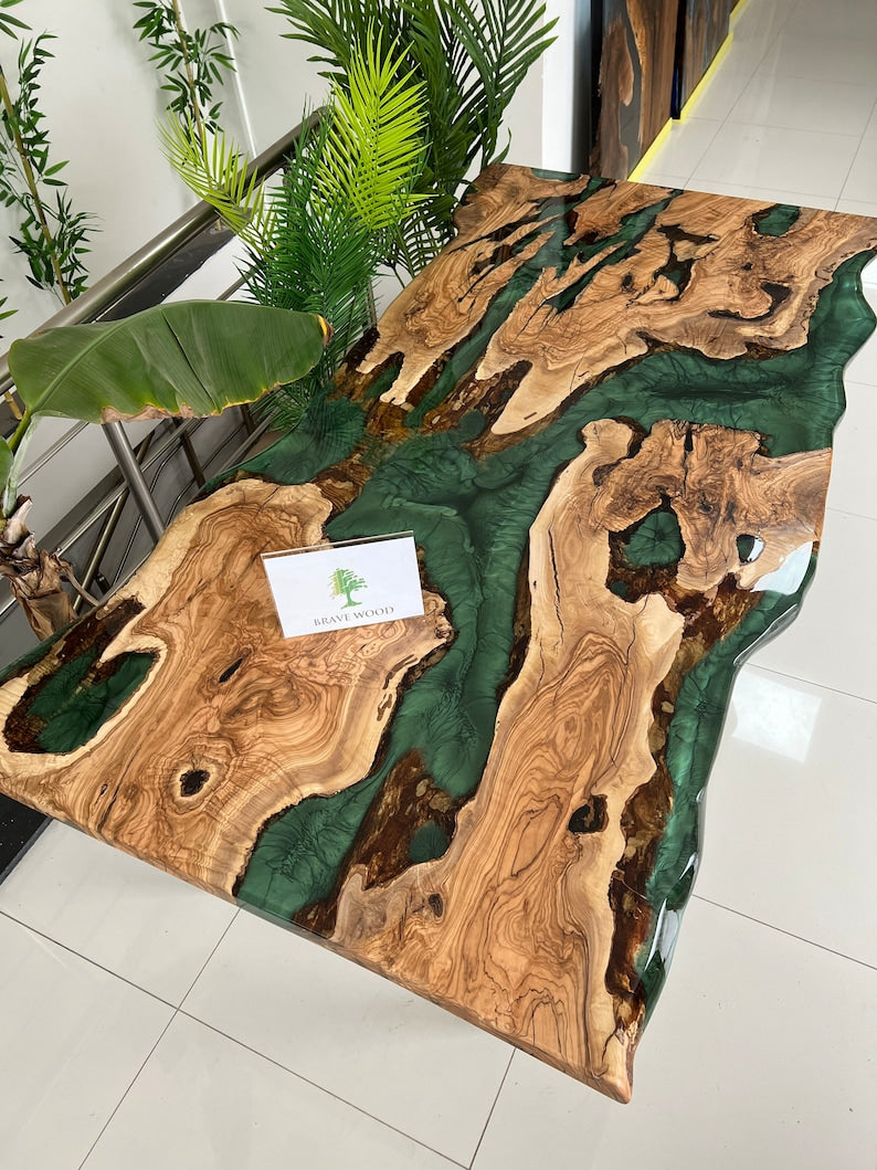 Green epoxy dining table, olive wood epoxy table, Epoxy dining table, Dining room table