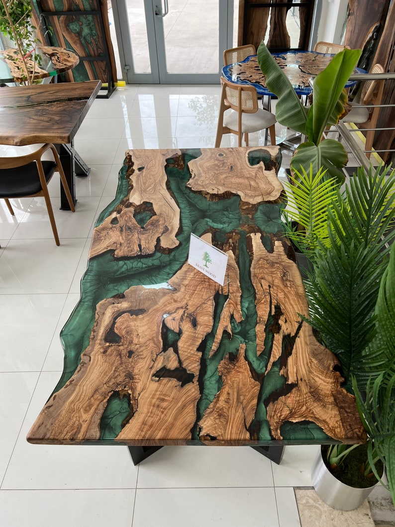 Green epoxy dining table, olive wood epoxy table, Epoxy dining table, Dining room table