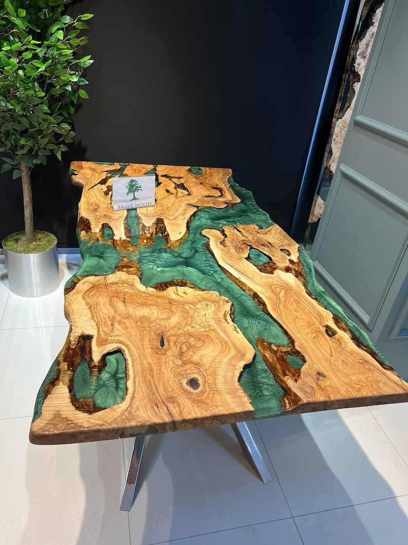 Green epoxy dining table, olive wood epoxy table, Epoxy dining table, Dining room table