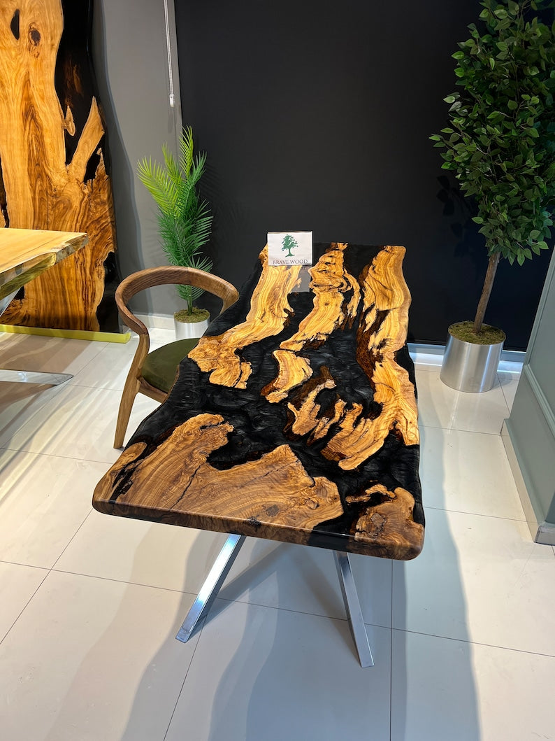 Custom live edge epoxy resin table, Black epoxy table, Dining room table, Epoxy table Living room table, Olive tree epoxy table