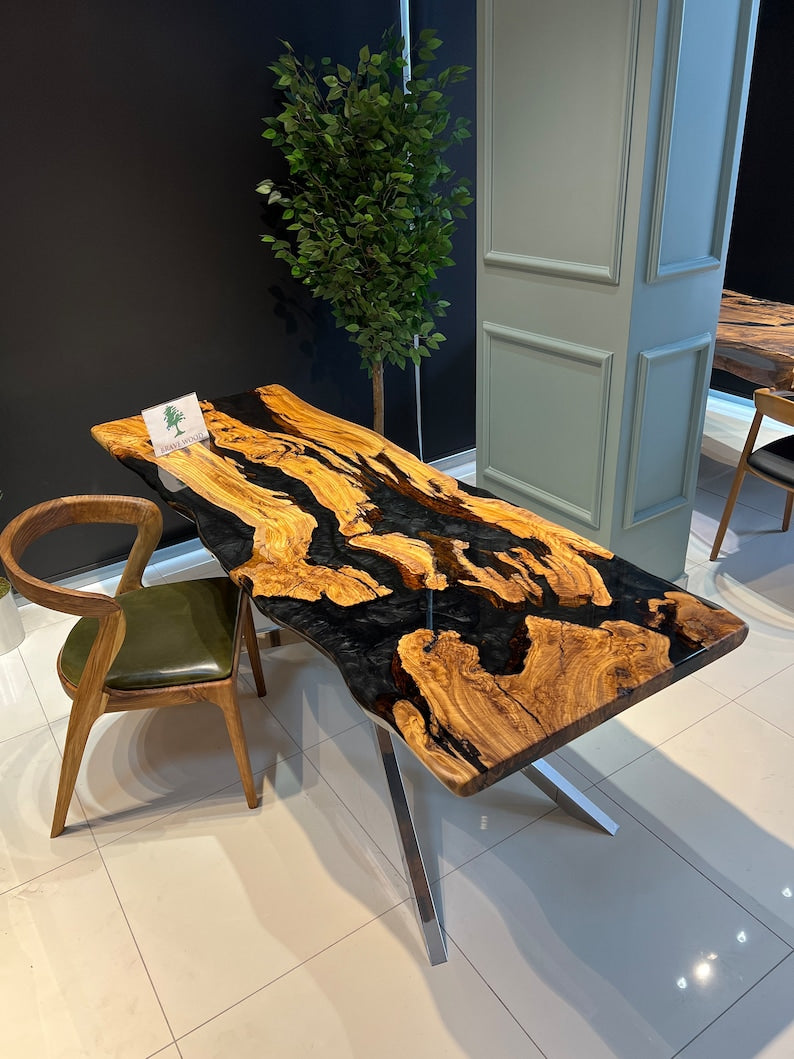 Custom live edge epoxy resin table, Black epoxy table, Dining room table, Epoxy table Living room table, Olive tree epoxy table