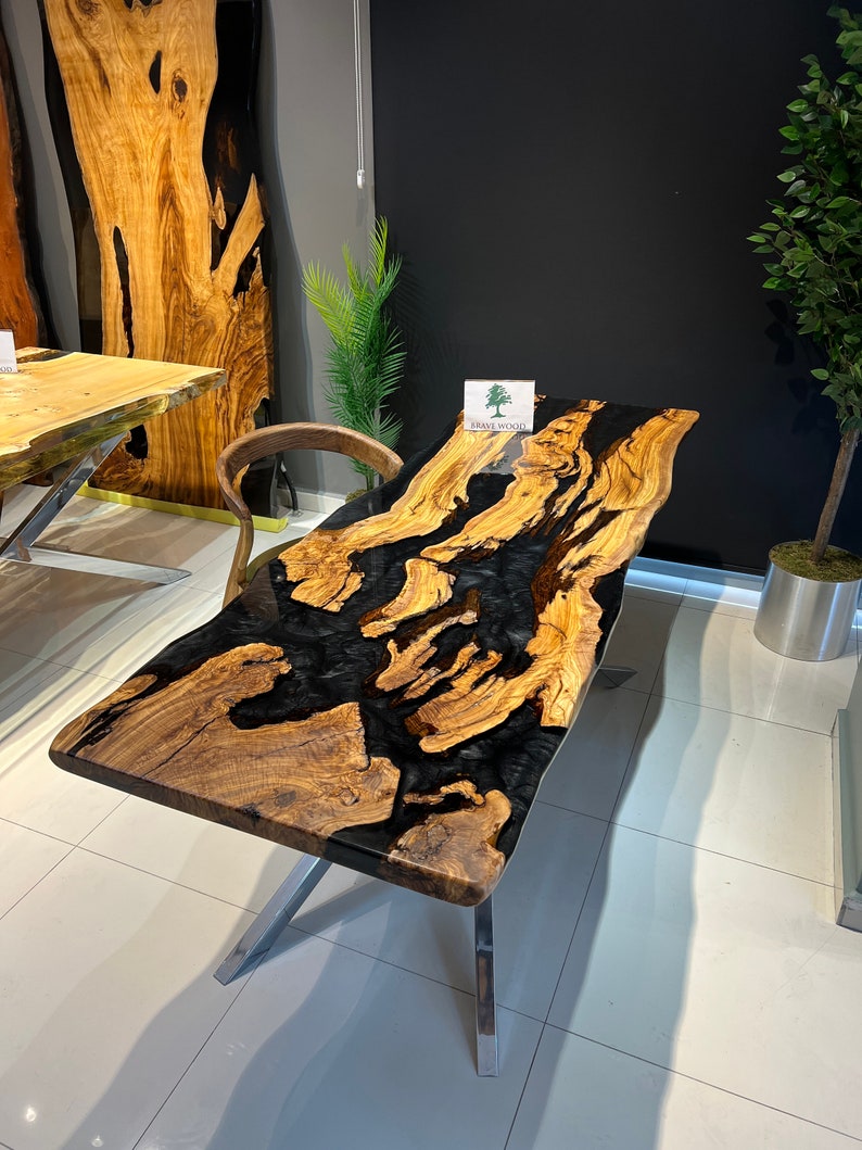 Custom live edge epoxy resin table, Black epoxy table, Dining room table, Epoxy table Living room table, Olive tree epoxy table