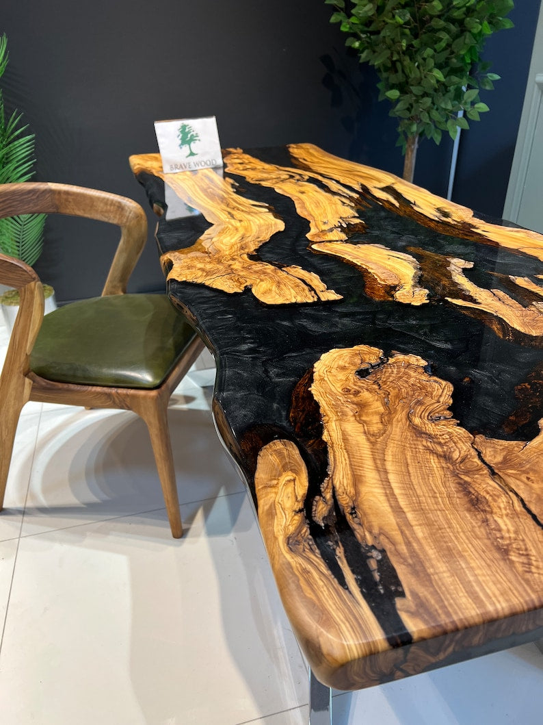 Custom live edge epoxy resin table, Black epoxy table, Dining room table, Epoxy table Living room table, Olive tree epoxy table