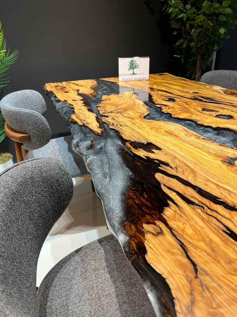 Custom live edge epoxy resin table, Dark gray metallic epoxy table, Dining room table, Epoxy table Living room table, Olive tree epoxy,Table